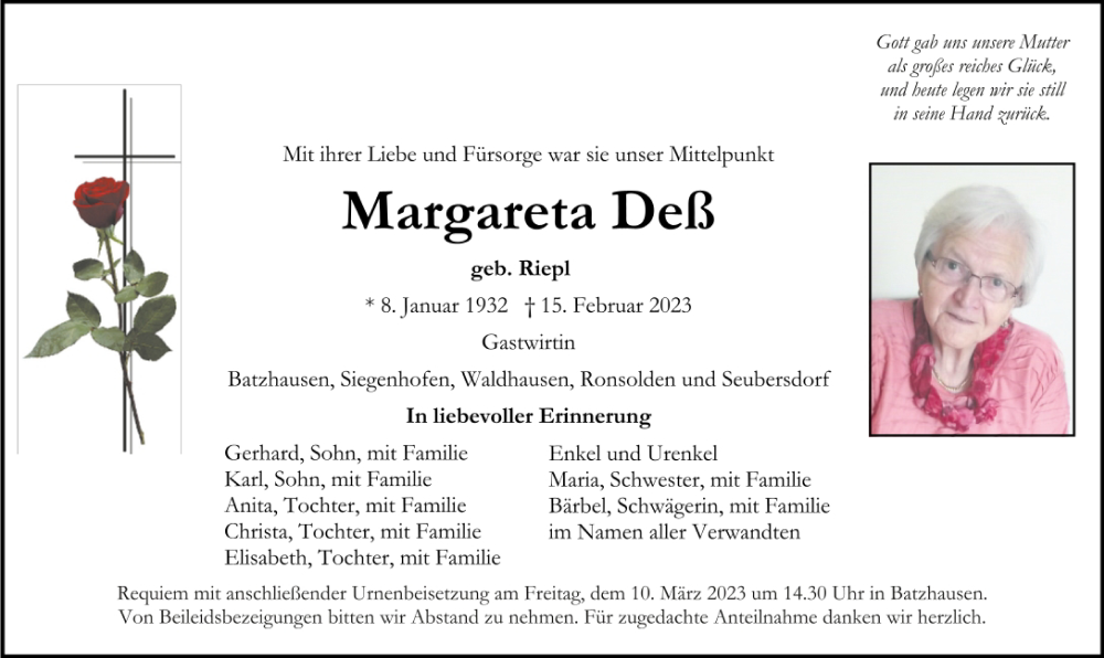  Traueranzeige für Margareta Deß vom 08.03.2023 aus Neumarkter Tagblatt