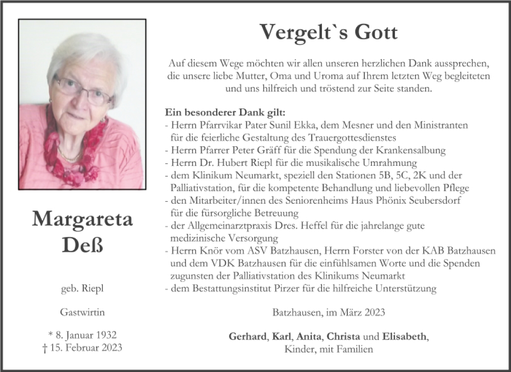  Traueranzeige für Margareta Deß vom 23.03.2023 aus Neumarkter Tagblatt
