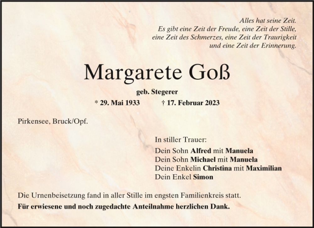  Traueranzeige für Margarete Goß vom 02.03.2023 aus Mittelbayerische Zeitung Schwandorf