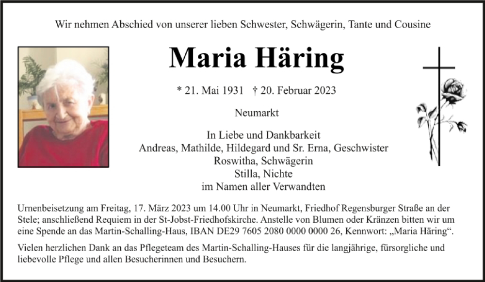  Traueranzeige für Maria Häring vom 15.03.2023 aus Neumarkter Tagblatt