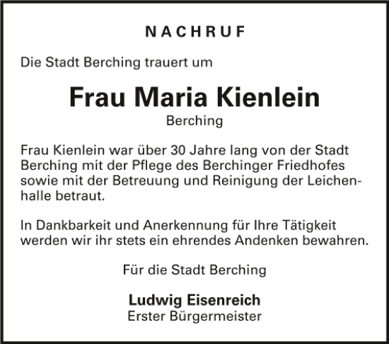 Traueranzeige von Maria Kienlein von Neumarkter Tagblatt