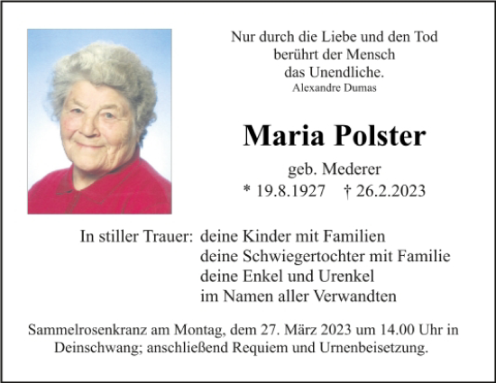 Traueranzeige von Maria Polster von Neumarkter Tagblatt