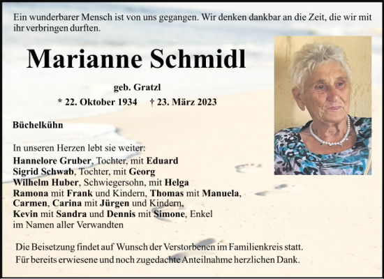 Traueranzeige von Marianne Schmidl von Mittelbayerische Zeitung Schwandorf