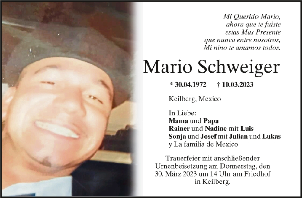  Traueranzeige für Mario Schweiger vom 25.03.2023 aus Mittelbayerische Zeitung Regensburg