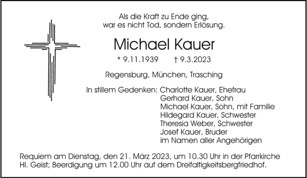  Traueranzeige für Michael Kauer vom 18.03.2023 aus Mittelbayerische Zeitung Regensburg