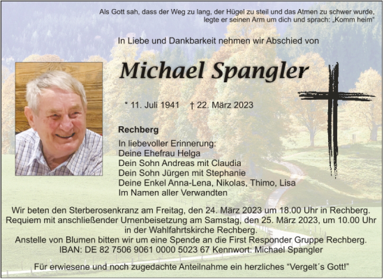 Traueranzeige von Michael Spangler von Mittelbayerische Zeitung Regensburg