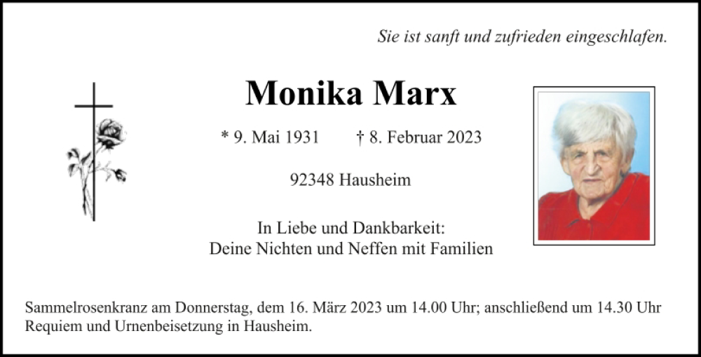  Traueranzeige für Monika Marx vom 14.03.2023 aus Neumarkter Tagblatt