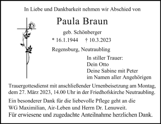Traueranzeige von Paula Braun von Mittelbayerische Zeitung Regensburg