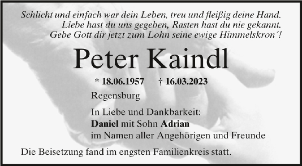  Traueranzeige für Peter Kaindl vom 01.04.2023 aus Mittelbayerische Zeitung Regensburg