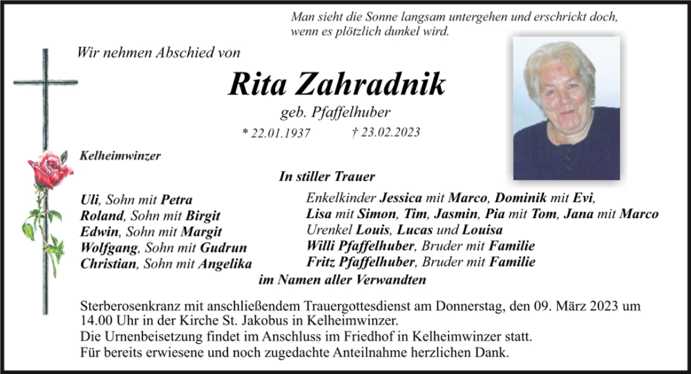  Traueranzeige für Rita Zahradnik vom 08.03.2023 aus Mittelbayerische Zeitung Kelheim