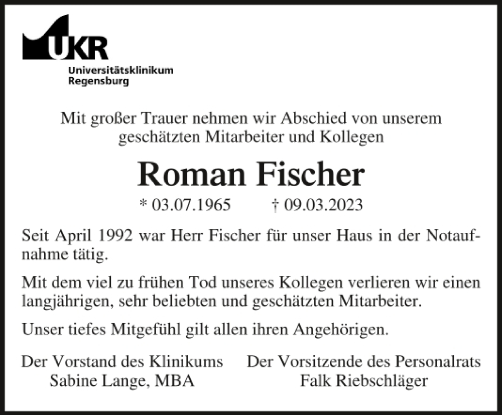  Traueranzeige für Roman Fischer vom 18.03.2023 aus Mittelbayerische Zeitung Gesamtausgabe