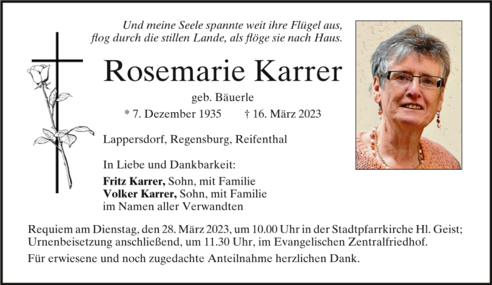  Traueranzeige für Rosemarie Karrer vom 18.03.2023 aus Mittelbayerische Zeitung Regensburg