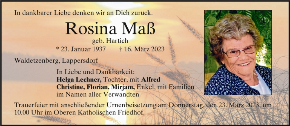  Traueranzeige für Rosina Maß vom 18.03.2023 aus Mittelbayerische Zeitung Regensburg