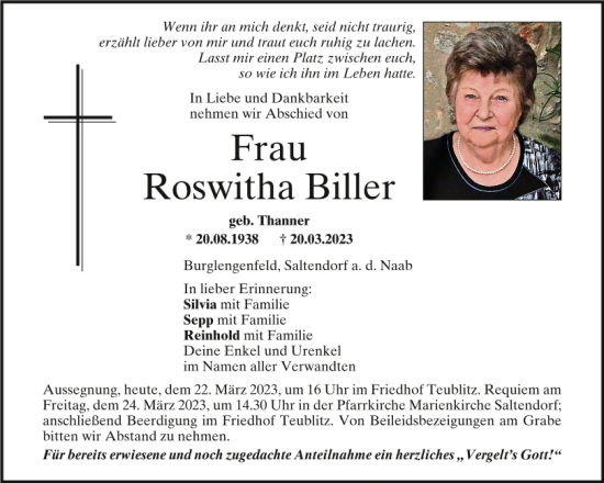 Traueranzeige von Roswitha Biller von Mittelbayerische Zeitung Schwandorf