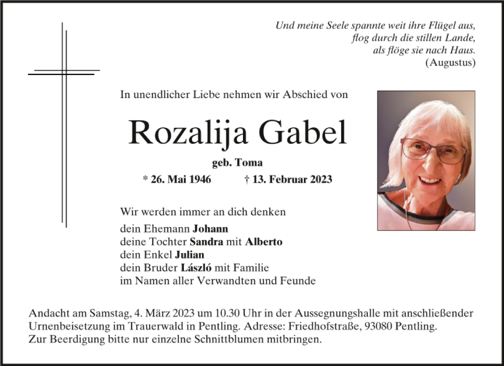  Traueranzeige für Rozalija Gabel vom 02.03.2023 aus Mittelbayerische Zeitung Kelheim