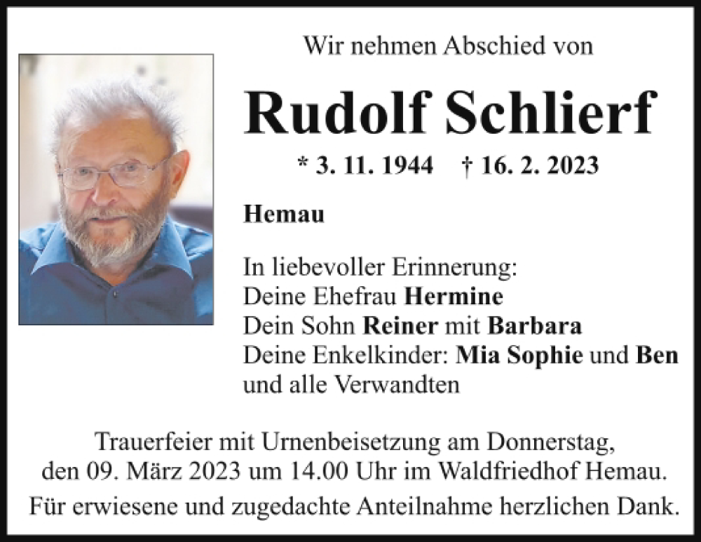  Traueranzeige für Rudolf Schlierf vom 06.03.2023 aus Mittelbayerische Zeitung Regensburg