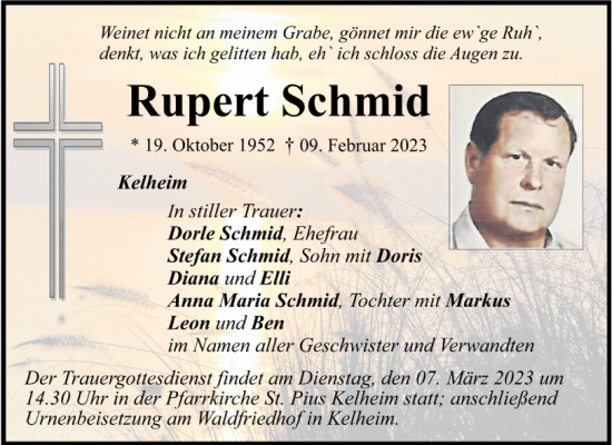 Traueranzeige von Rupert Schmid von Mittelbayerische Zeitung Kelheim