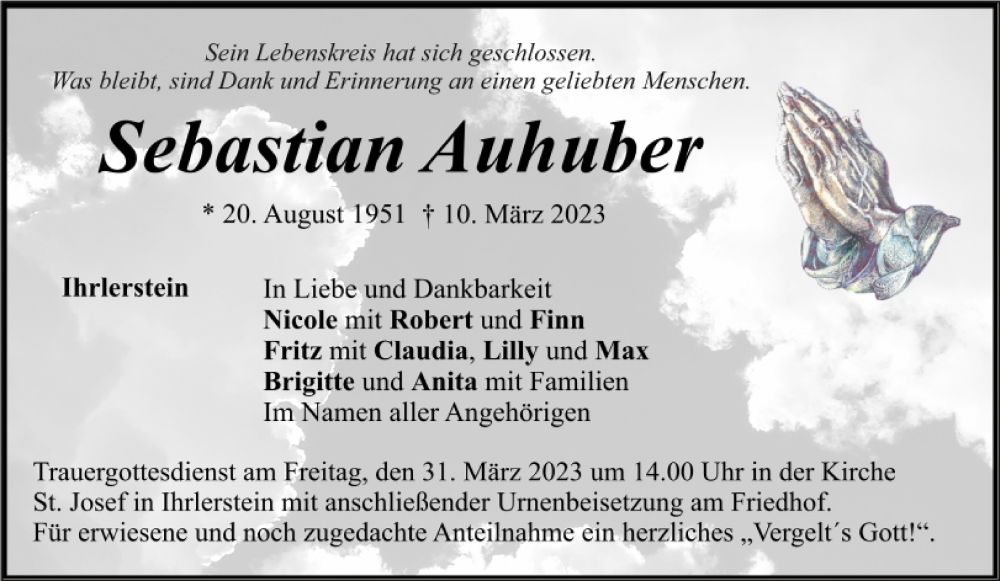  Traueranzeige für Sebastian Auhuber vom 25.03.2023 aus Mittelbayerische Zeitung Kelheim