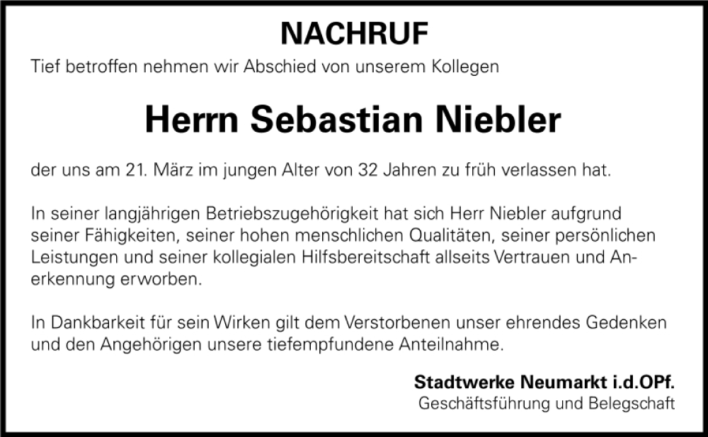  Traueranzeige für Sebastian Niebler vom 23.03.2023 aus Neumarkter Tagblatt