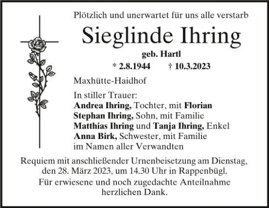 Traueranzeige von Sieglinde Ihring von Mittelbayerische Zeitung Schwandorf