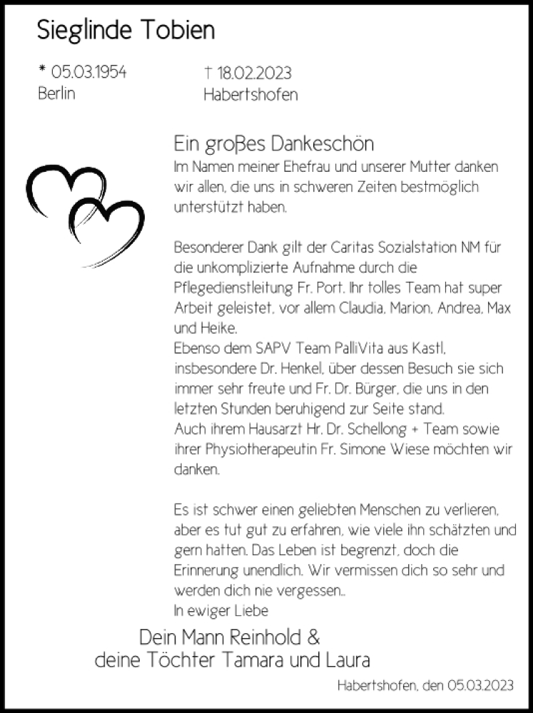  Traueranzeige für Sieglinde Tobien vom 07.03.2023 aus Neumarkter Tagblatt