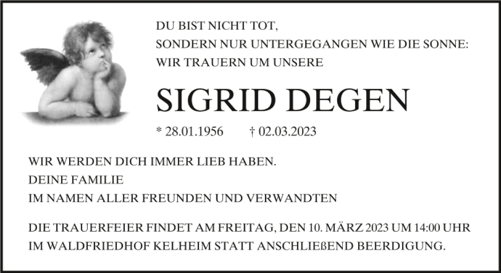 Traueranzeige für Sigrid Degen vom 08.03.2023 aus Mittelbayerische Zeitung Kelheim