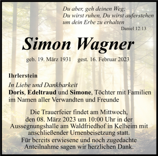 Traueranzeige von Simon Wagner von Mittelbayerische Zeitung Kelheim