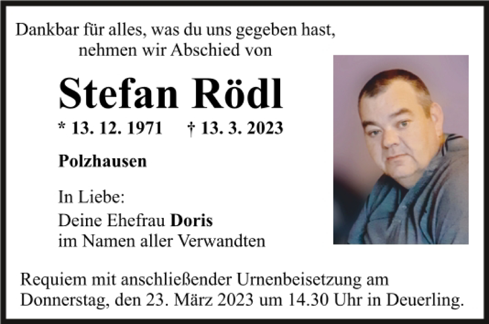  Traueranzeige für Stefan Rödl vom 18.03.2023 aus Mittelbayerische Zeitung Regensburg