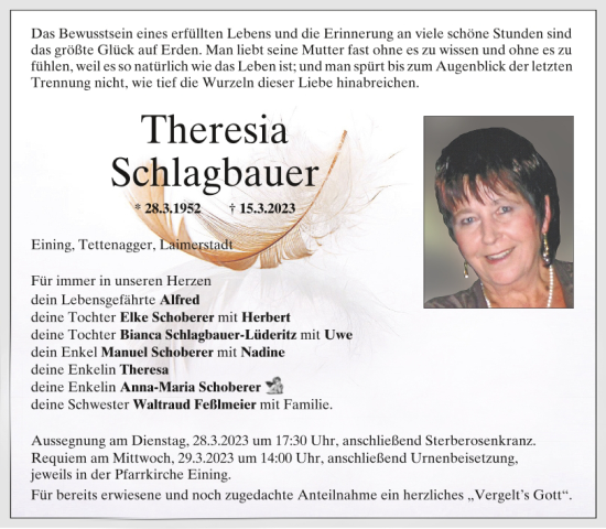 Traueranzeige von Theresia Schlagbauer von Mittelbayerische Zeitung Kelheim