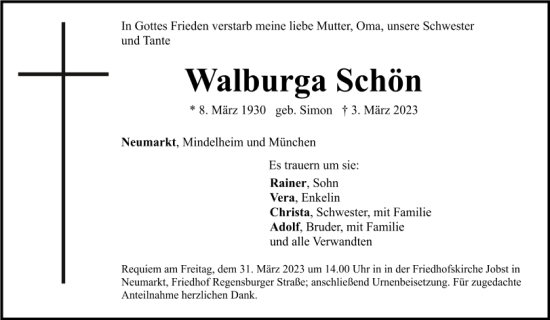 Traueranzeige von Walburga Schön von Neumarkter Tagblatt
