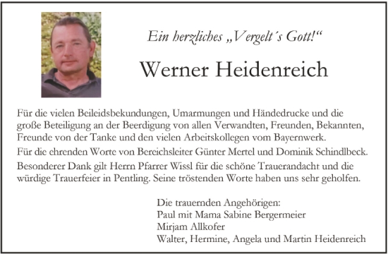 Traueranzeige von Werner Heidenreich von Mittelbayerische Zeitung Regensburg