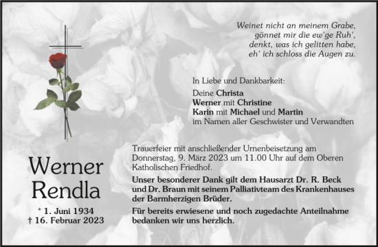 Traueranzeige von Werner Rendla von Mittelbayerische Zeitung Regensburg