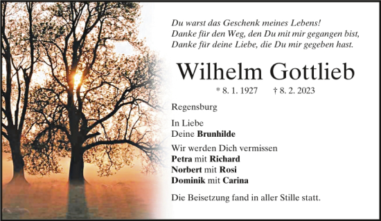 Traueranzeige von Wilhelm Gottlieb von Mittelbayerische Zeitung Regensburg
