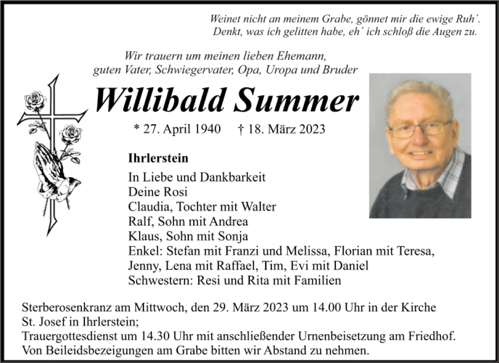  Traueranzeige für Willibald Summen vom 25.03.2023 aus Mittelbayerische Zeitung Kelheim