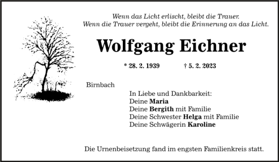 Traueranzeige von Wolfgang Eichner von Mittelbayerische Zeitung Regensburg