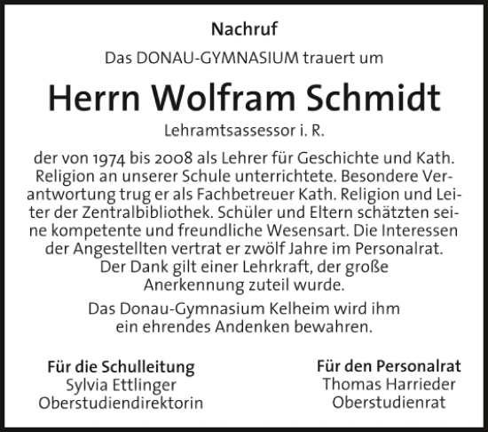 Traueranzeige von Wolfram Schmidt von Mittelbayerische Zeitung Kelheim