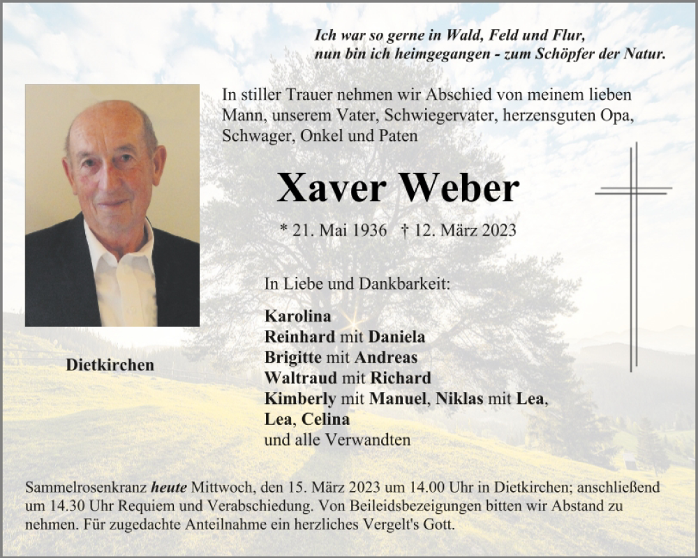  Traueranzeige für Xaver Weber vom 15.03.2023 aus Neumarkter Tagblatt
