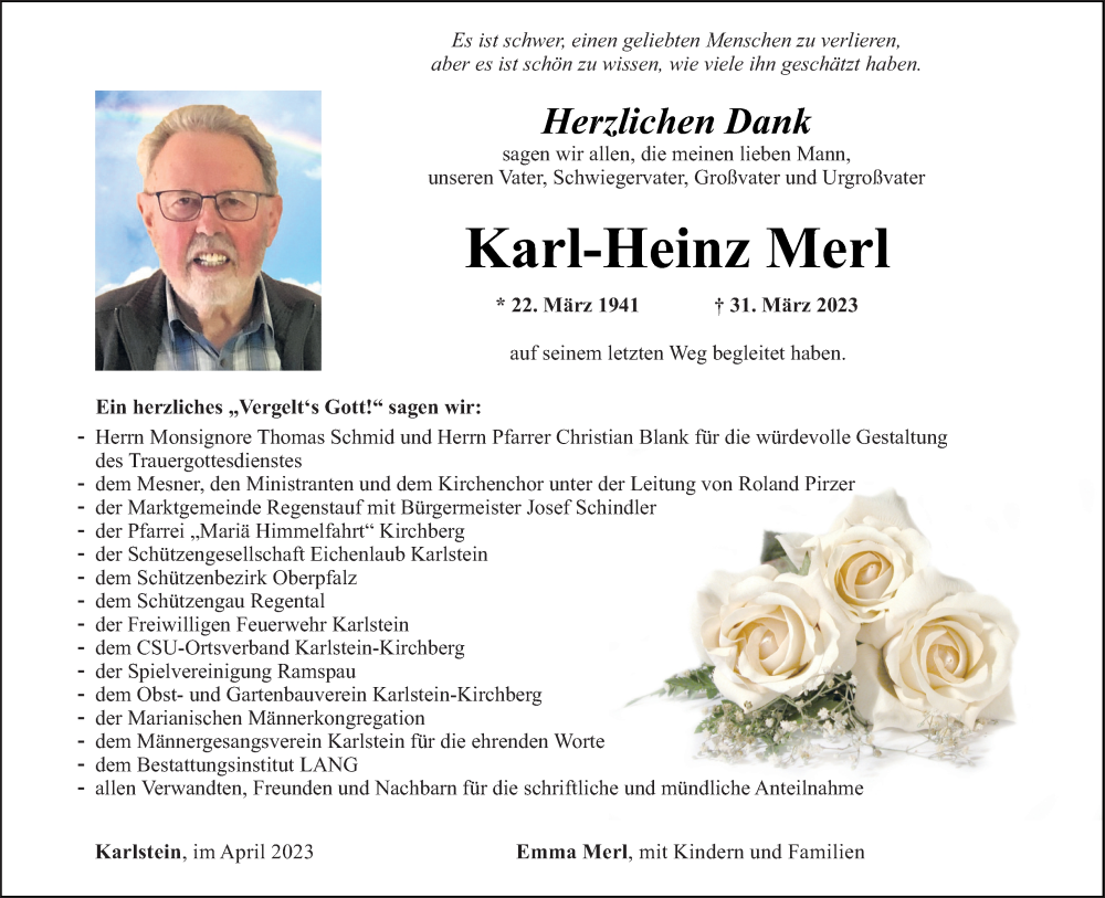  Traueranzeige für Karl-Heinz Merl vom 22.04.2023 aus Mittelbayerische Zeitung Regensburg