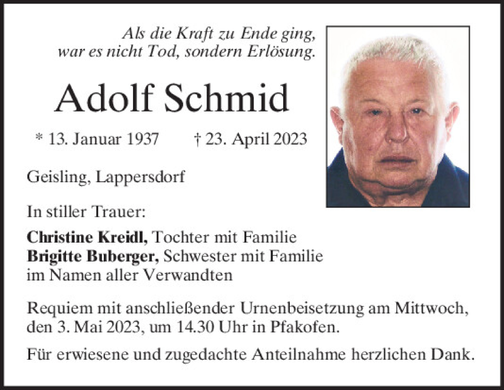  Traueranzeige für Adolf Schmid vom 29.04.2023 aus Mittelbayerische Zeitung Regensburg