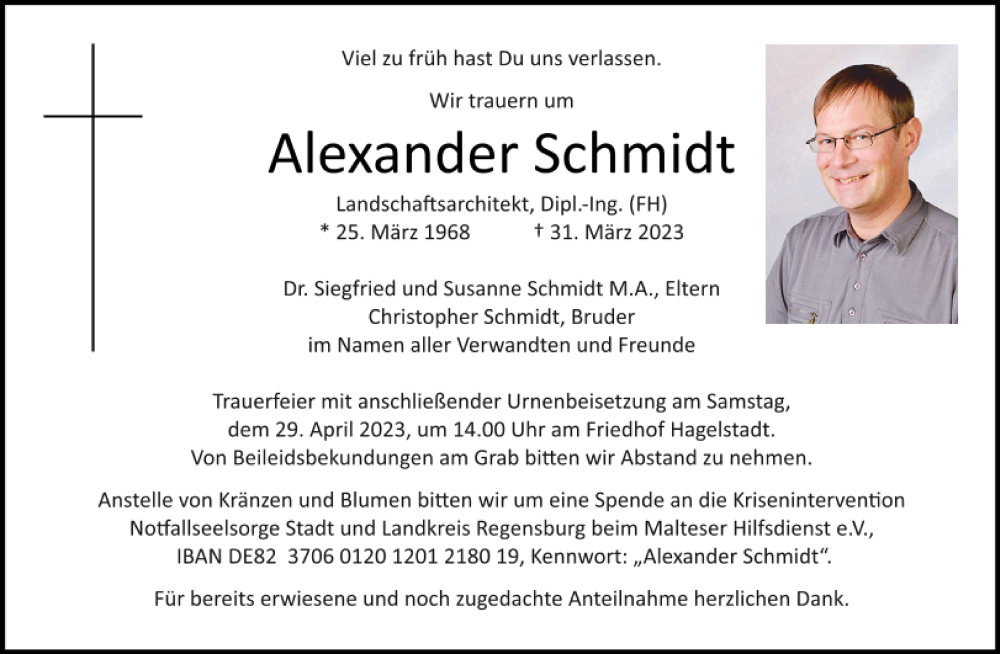  Traueranzeige für Alexander Schmidt vom 22.04.2023 aus Mittelbayerische Zeitung Regensburg
