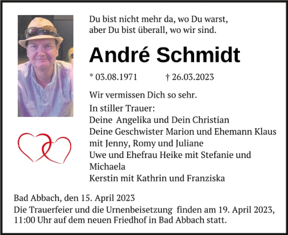  Traueranzeige für André Schmidt vom 15.04.2023 aus Mittelbayerische Zeitung Kelheim