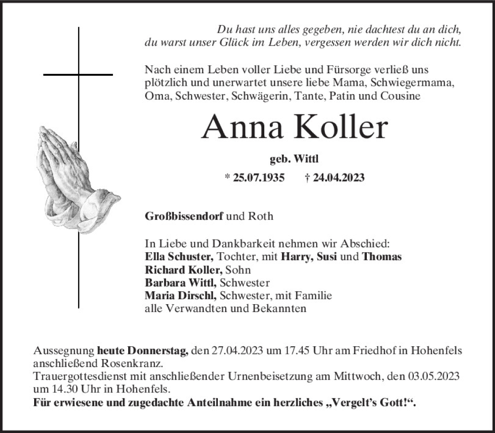  Traueranzeige für Anna Koller vom 27.04.2023 aus Neumarkter Tagblatt