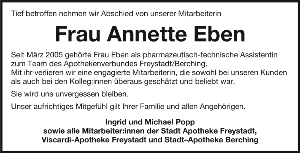  Traueranzeige für Annette Eben vom 06.04.2023 aus Neumarkter Tagblatt