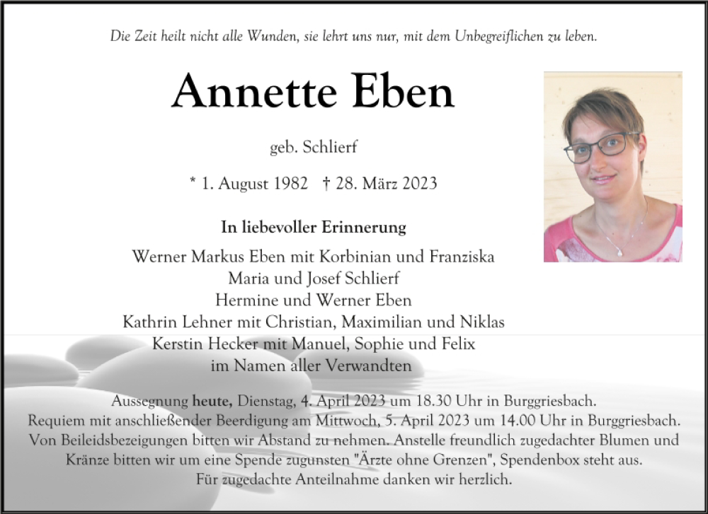  Traueranzeige für Annette Eben vom 04.04.2023 aus Neumarkter Tagblatt