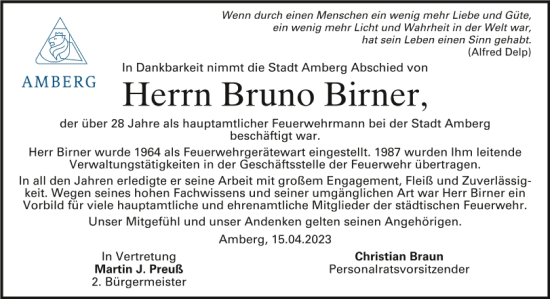 Traueranzeige von Bruno Birner von Mittelbayerische Zeitung Schwandorf