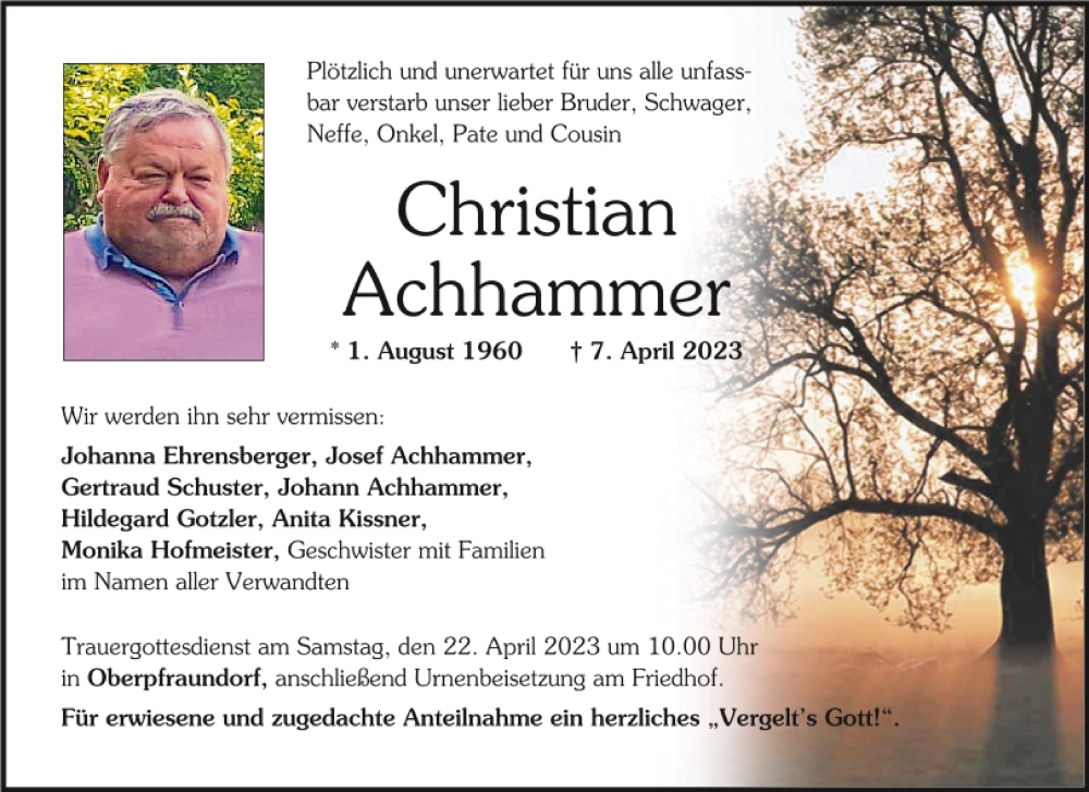  Traueranzeige für Christian Achhammer vom 19.04.2023 aus Mittelbayerische Zeitung Regensburg