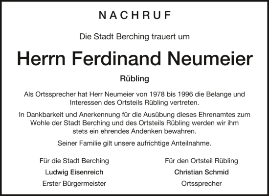 Traueranzeige von Ferdinand Neumeier von Neumarkter Tagblatt