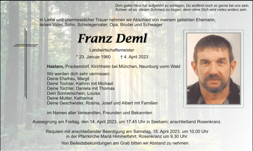  Traueranzeige für Franz Deml vom 12.04.2023 aus Mittelbayerische Zeitung Schwandorf
