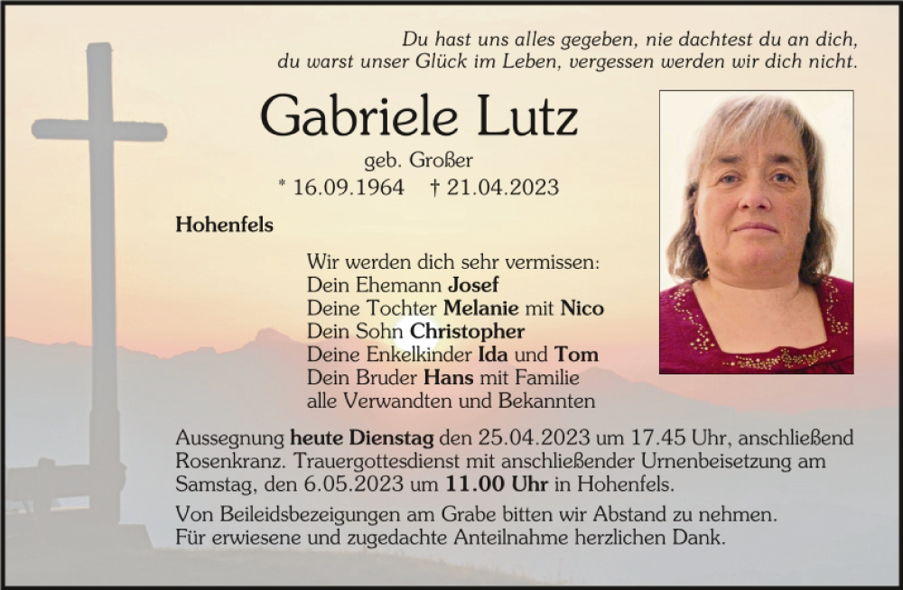  Traueranzeige für Gabriele Lutz vom 25.04.2023 aus Neumarkter Tagblatt