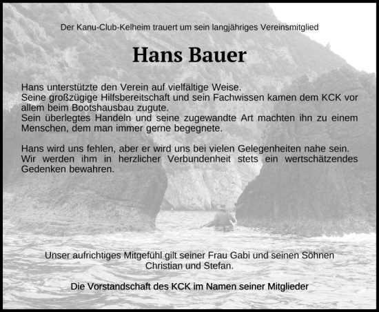 Traueranzeige von Hans Bauer von Mittelbayerische Zeitung Kelheim
